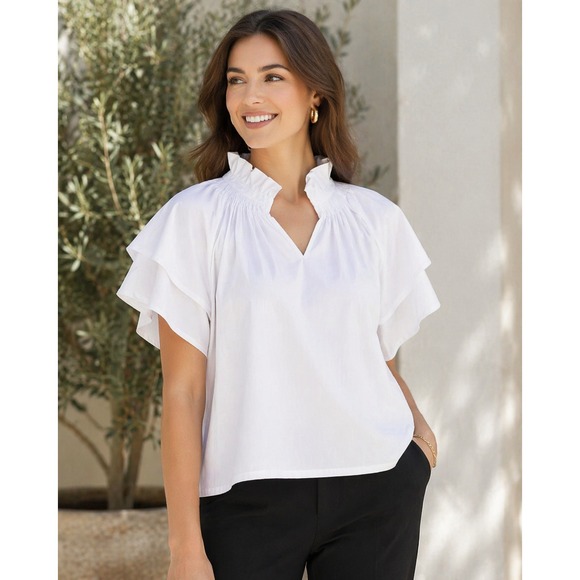 Ming Wang Tops - Ming Wang White Poplin Blouse Ruffle Neck Flutter Sleeve Minimalist Top Womens L